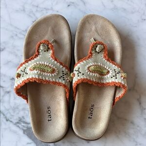 Taos Ashley boho sandal barely worn. Crochet detail sage and rust colors. Size 7